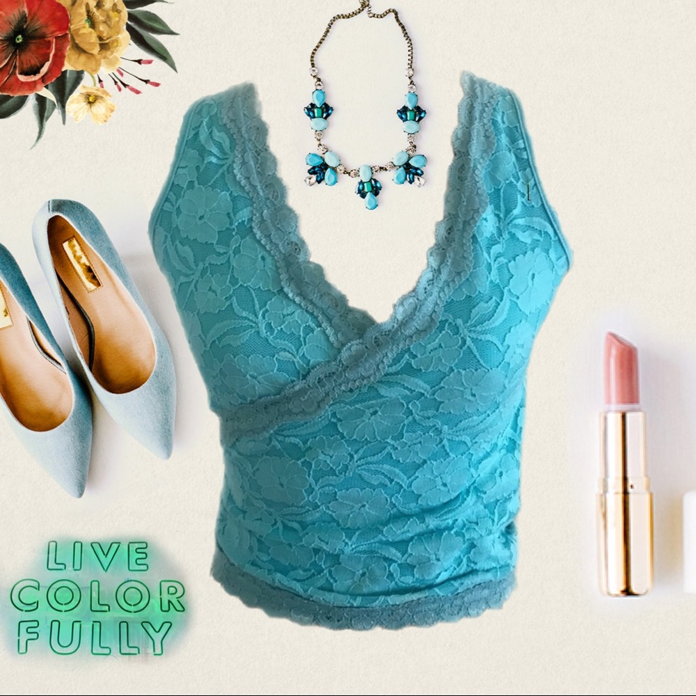 Turquoise blue tank top with lace